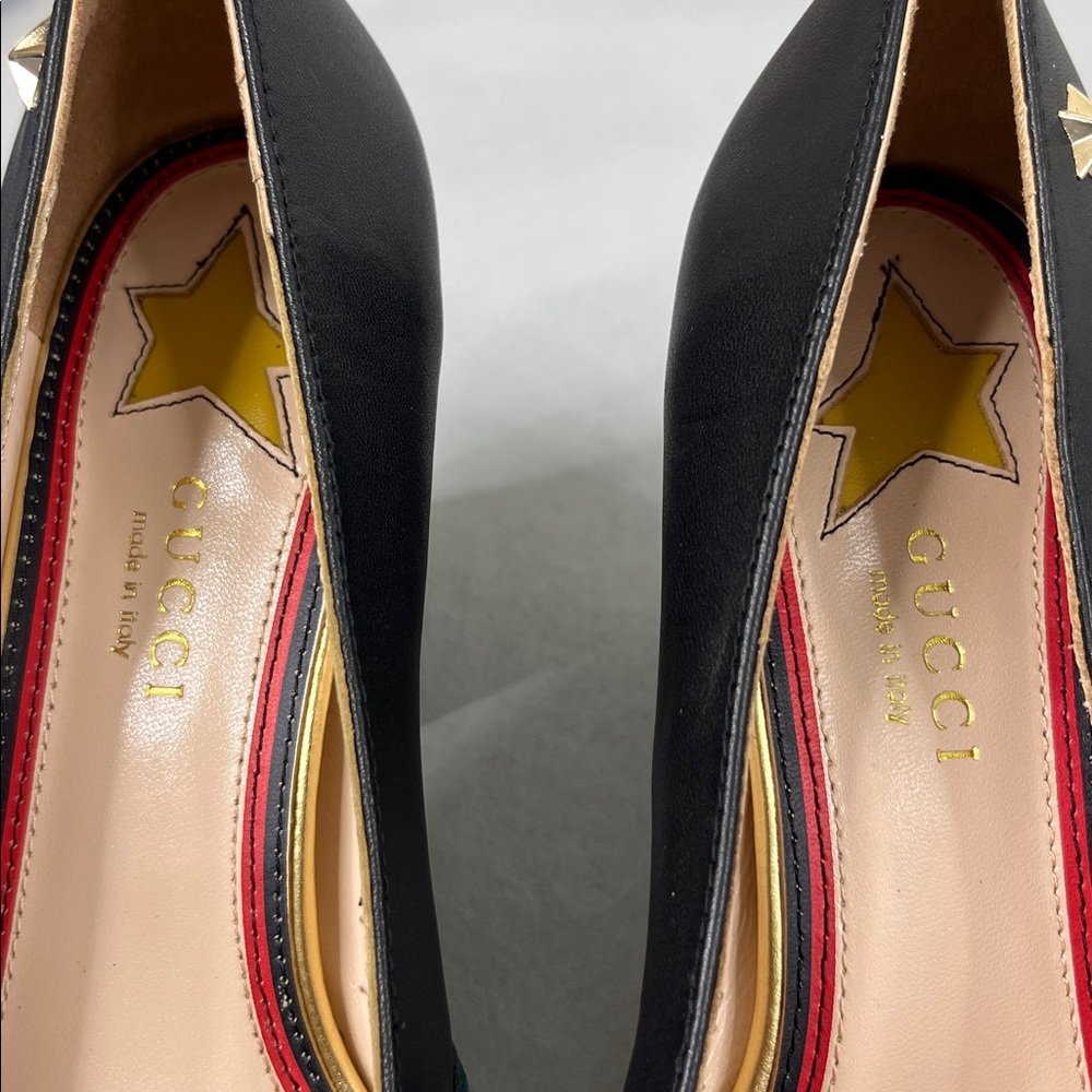 Gucci Aline Black Grosgrain Ribbon Gold Star Curved Block Heel Pumps - Picture 7 of 9